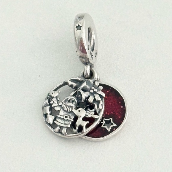 Pandora Love Peace Joy Santa Red Enamel Double Disc Dangle Bead Charm - Picture 1 of 6